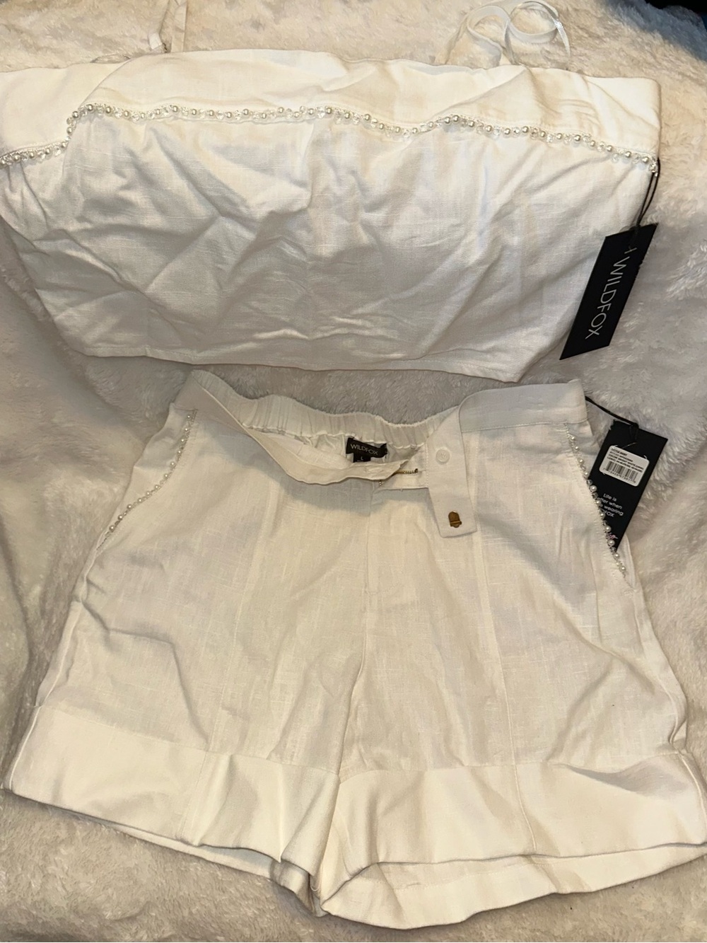 Wildfox White Beaded Strapless Crop Top(XL) and Shorts Set(L)